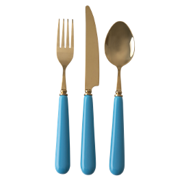 Besteck Gold mit blauen Griffen