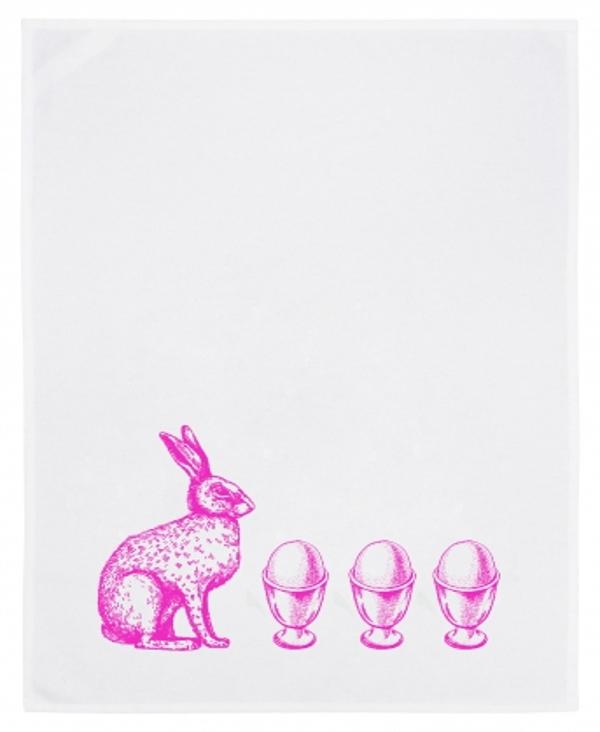 Geschirrtuch weiss, HASE MIT EIERN, neon pink