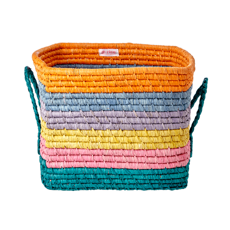 SQUARE RAFFIA BASKET - STRIPES PRINT