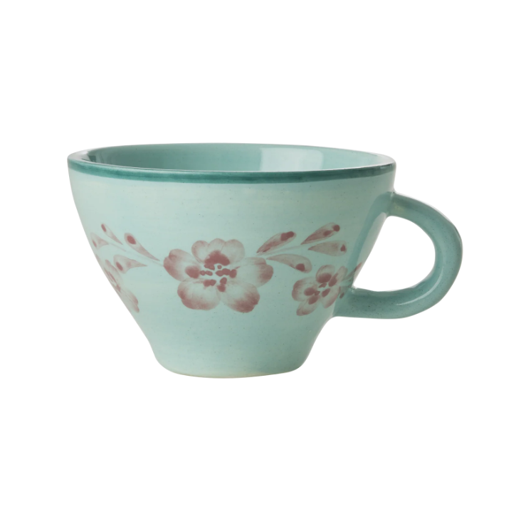 Keramik Teetasse - Hellgrün - Hand-painted Soft Pink Flower Wine