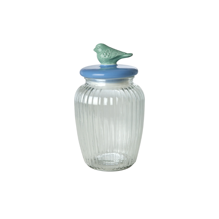 Glasgefäss mit Vogeldeckel Blau - Groß