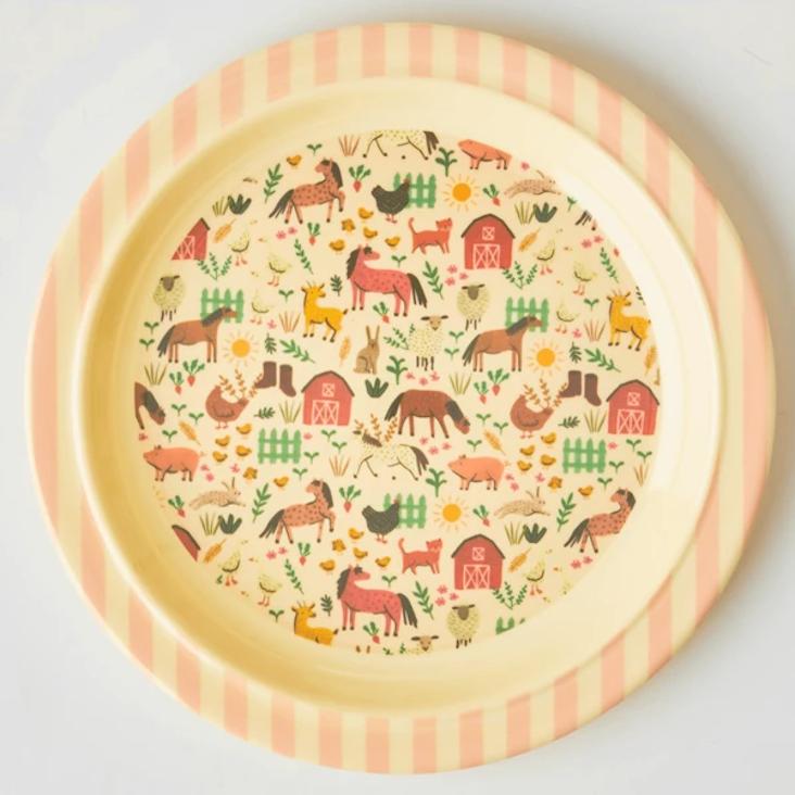 Rice Melamin Kinderteller flach - Soft Pink Farm Print
