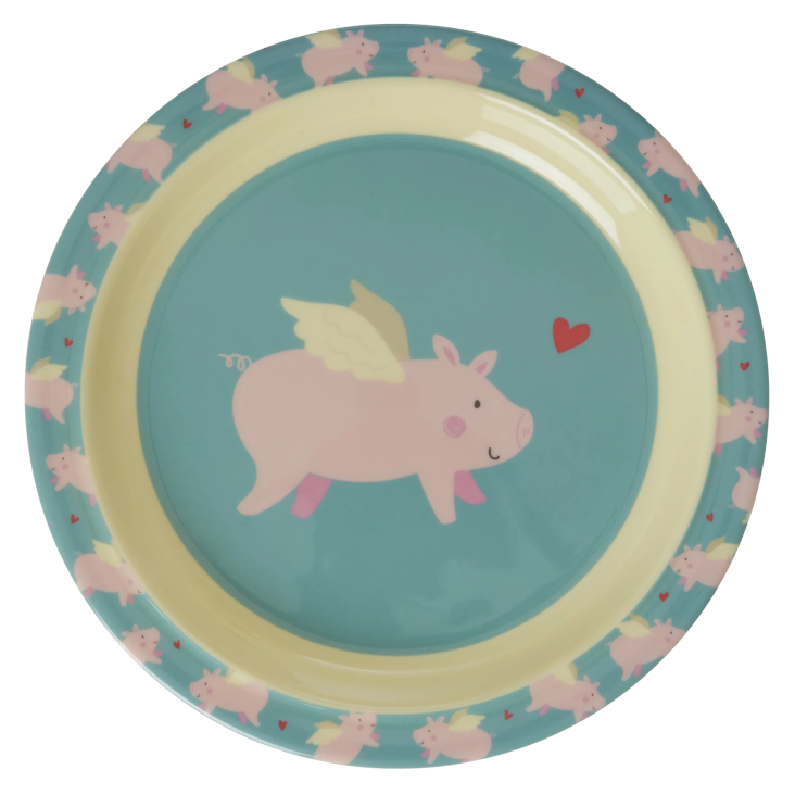 Rice Melamin Kinderteller flach - Hellblau - Flying Pig Print