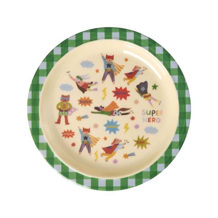 RICE Melamin Kinderteller - Hero Print Grün
