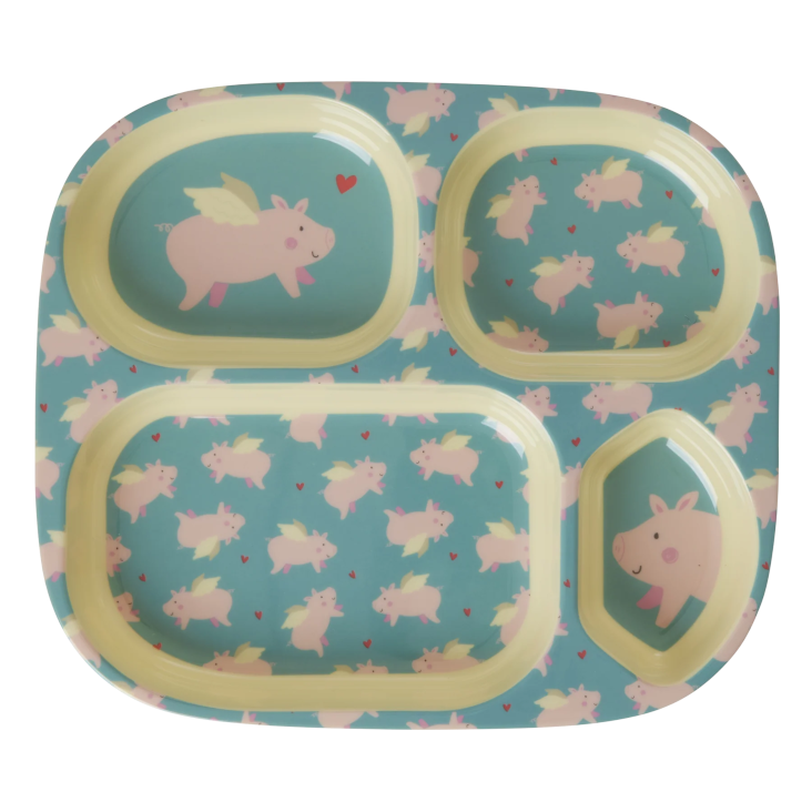 Rice Melamin Kinderteller 4 Fächer Flying Pig Print