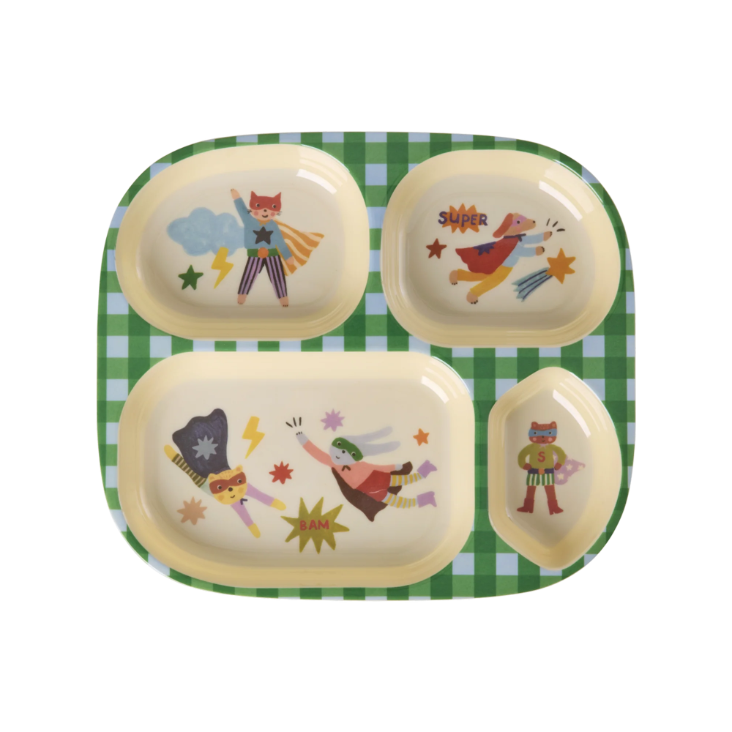 RICE Melamin Kinderteller mit 4 Fächern - Hero Print Grün
