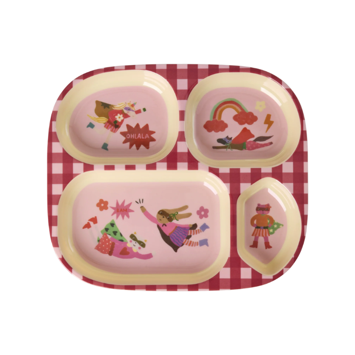 RICE Melamin Kinderteller mit 4 Fächern - Hero Print Pink