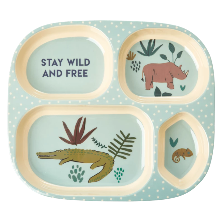 Rice Melamin Kinderteller 4 Fächer BLAU - JUNGLE ANIMALS PRINT