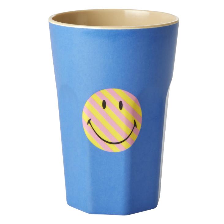 Rice Melamin Becher gross - Blue Smiley Print