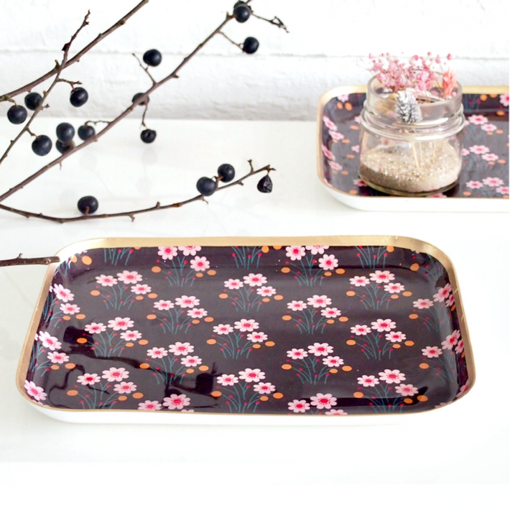 Tablett Square L Brown Flowers