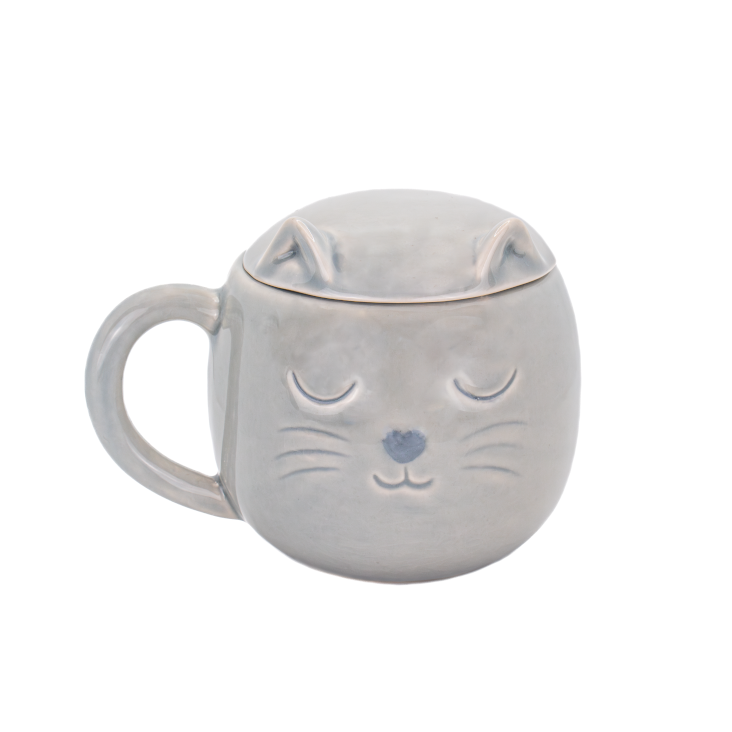 Crackle Glazed Cat Mug with Lid - Grey
